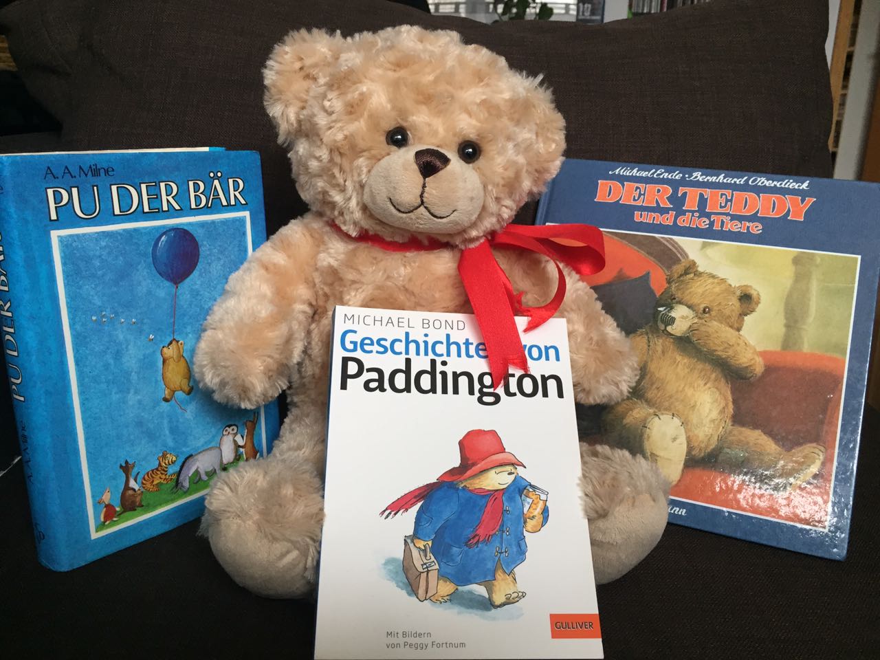 Teddybär mit drei Büchern: "Pu der Bär", "Geschichten von Paddington" und "Der Teddy und die Tiere"