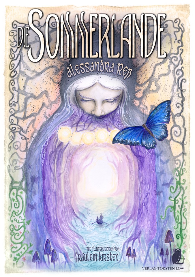 Cover von "Die Sommerlande" von Alessandra Reß, Verlag Torsten Low. Zeigt Illustration mit Frauenfigur und Schmetterling, kleiner sind zwei Personen in einem Kanu zwischen Mangroven zu erkennen.