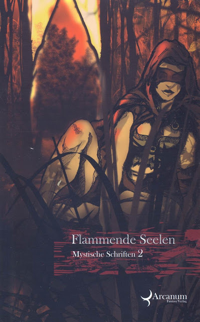 Cover der Anthologie "Mystische Schriften 2: Flammende Seelen". Abgebildet ist eine weibliche Figur mit verbundenen Augen.