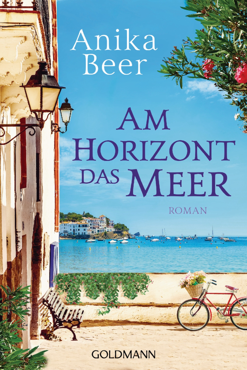 Cover zu "Am Horizon das Meer", zeigt eine Mittelmeerlandschaft mit Küste, Schiffen, Bank und Fahrrad