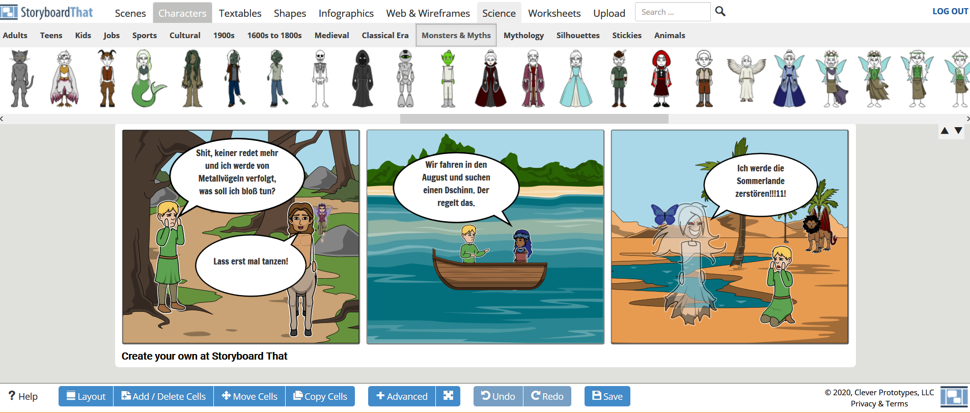 Screenshot "StoryboardThat" inkl. 3 Panels, Panel 1 zeigt Elf und Kentaur, Panel 2 zwei Figuren im Boot, Panel 3 u. a. einen wütenden Geist und einen Mantikor