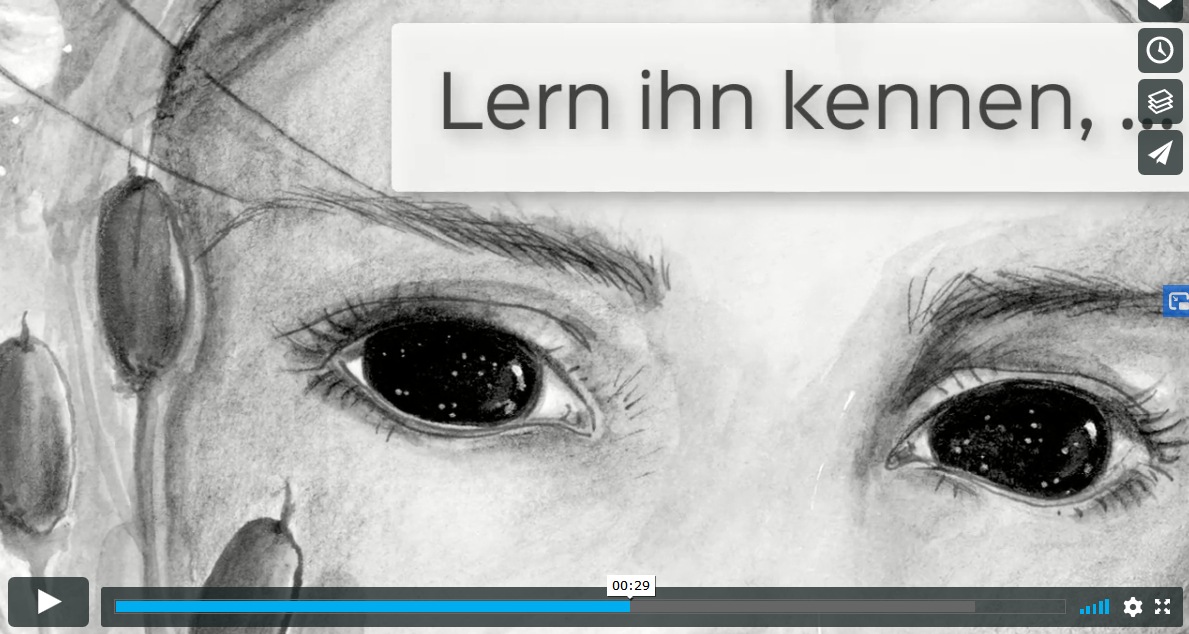 ausschnitt aus dem Buchtrailer zu "Sommerlande", zeigt die Nahaufnahme einer Figur und den Text "Lern ihn kennen"