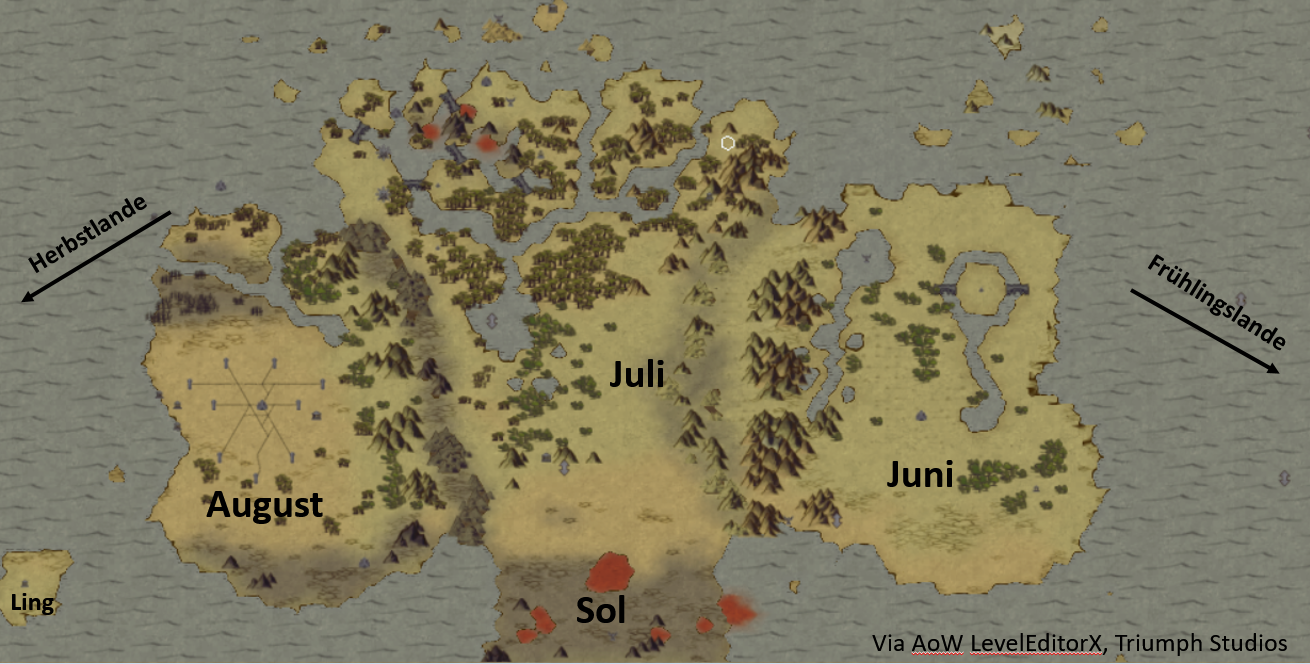 Landkarte der Sommerlande in Form eines von Wasser umgebenen Kleeblatts (grob); im Osten der Juni, im Westen der August, dazwischen Juli und im Süden das Land Sol. Im Südwesten liegt zudem die Insel Ling.