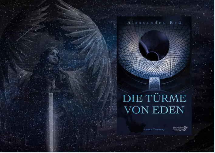 Engel mit Schwert vor Sternenhimmel, daneben ein Cover mit Aufschrift "Die Türme von Eden"