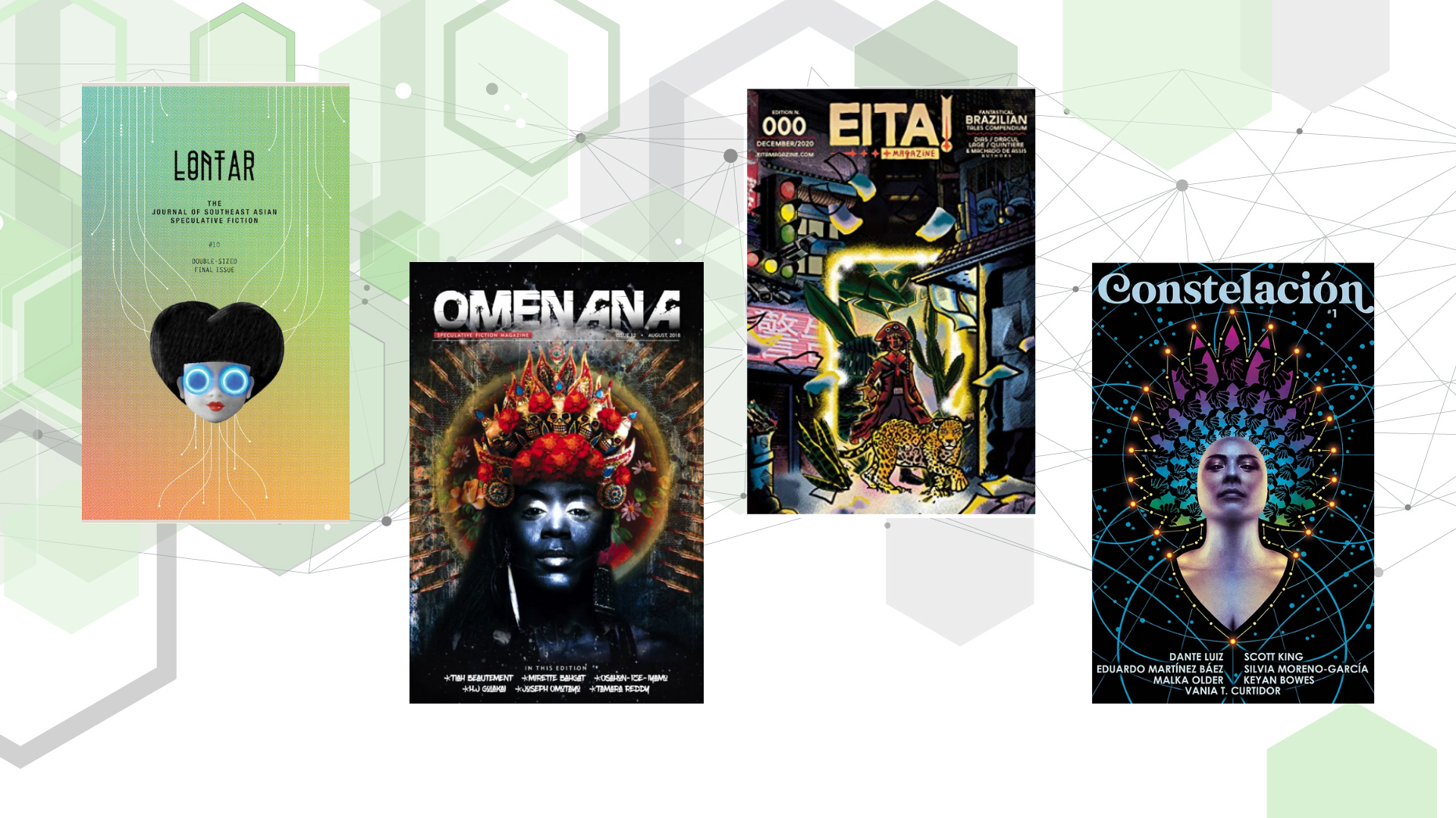 Zeigt vier Magazincover: "Lontar", "Omenana", "Eita!" und "Constelación"