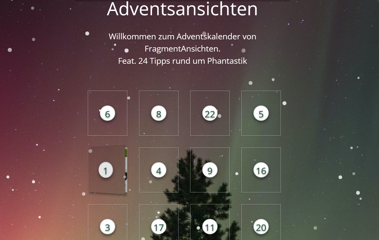 Screenshot eines Online-Adventskalenders mit Nordlichtern im Hintergrund