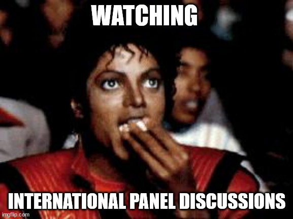 Michael Jackson isst Popcorn, dazu "watching international panel discussions" als Text