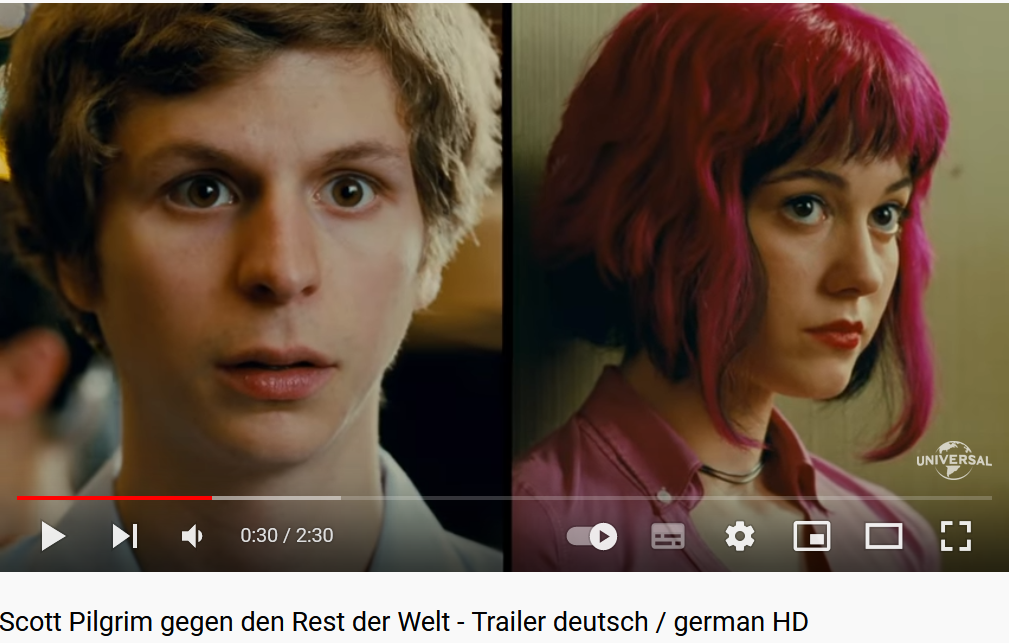 Screenshot aus dem "Scott Pilgrim"-Trailer. Scott guckt schockiert, als er Ramona sieht