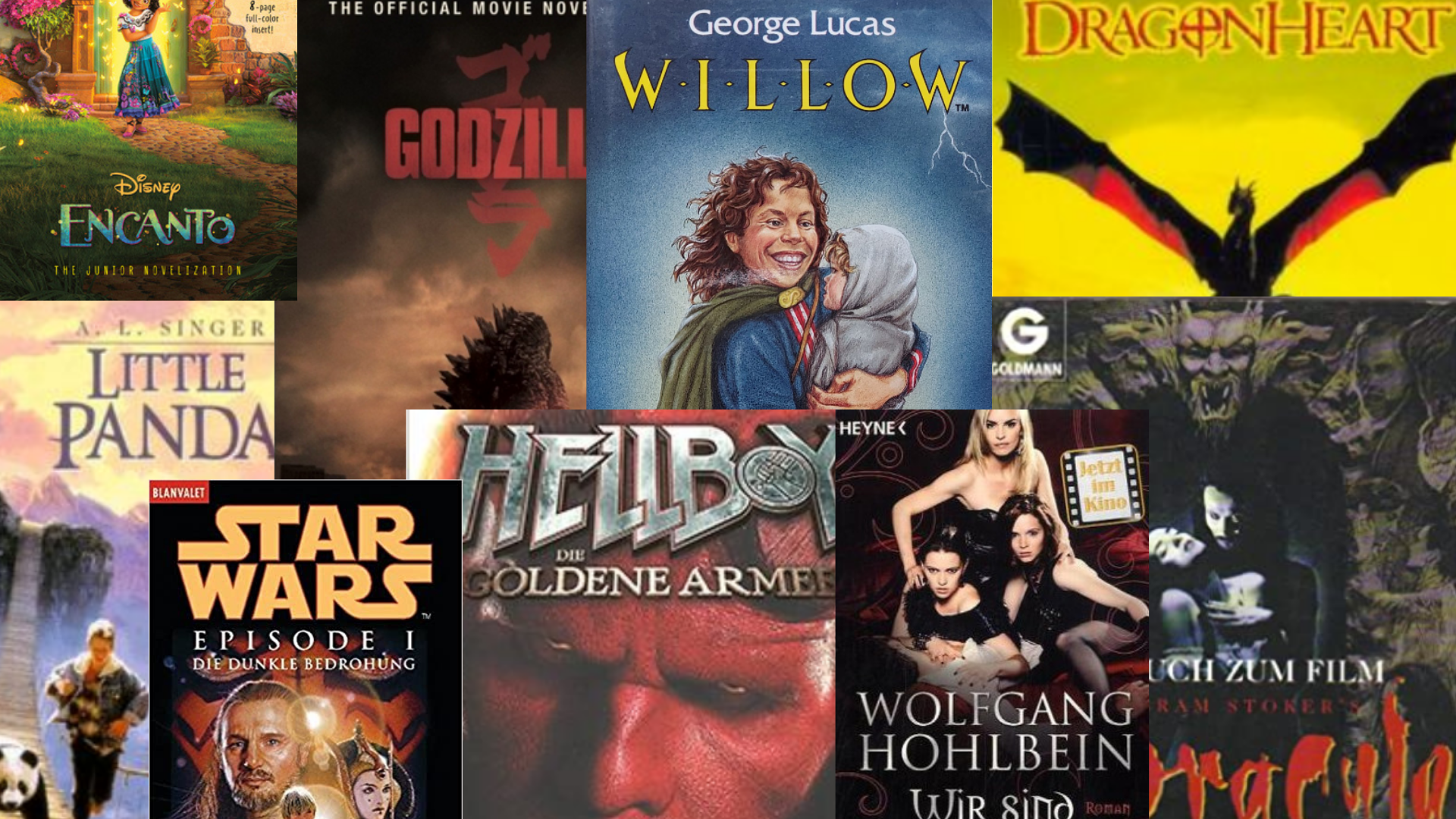 Collage aus verschiedenen novelizations mit den typischen Filmmotiven ("Encanto", "Godzilla", "Willow", "Dragonheart", "Little Panda", "Star Wars Episode 1", "Hellboy 2 - Die Goldene Armee", "Wir sind die Nacht", "Bram Stoker's Dracula"