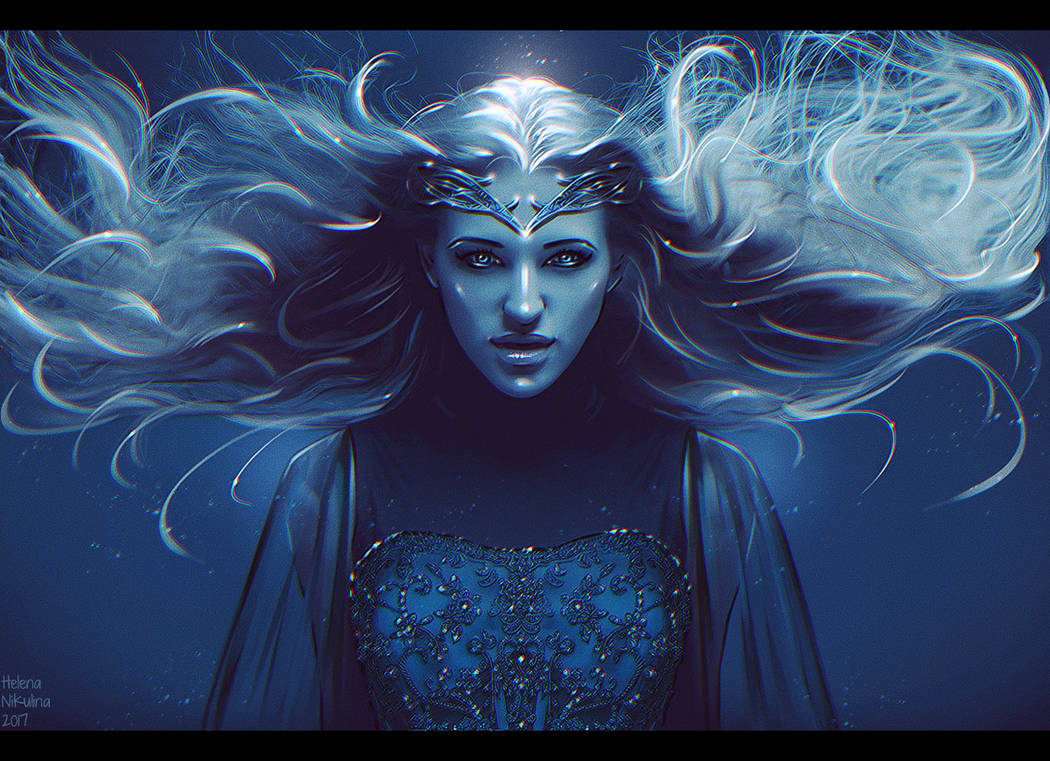 Illustration von Galadriel, die frontal den Betrachter anschaut. Ihre Haare wallen um sie herum, das Bild ist in Blau gehalten.