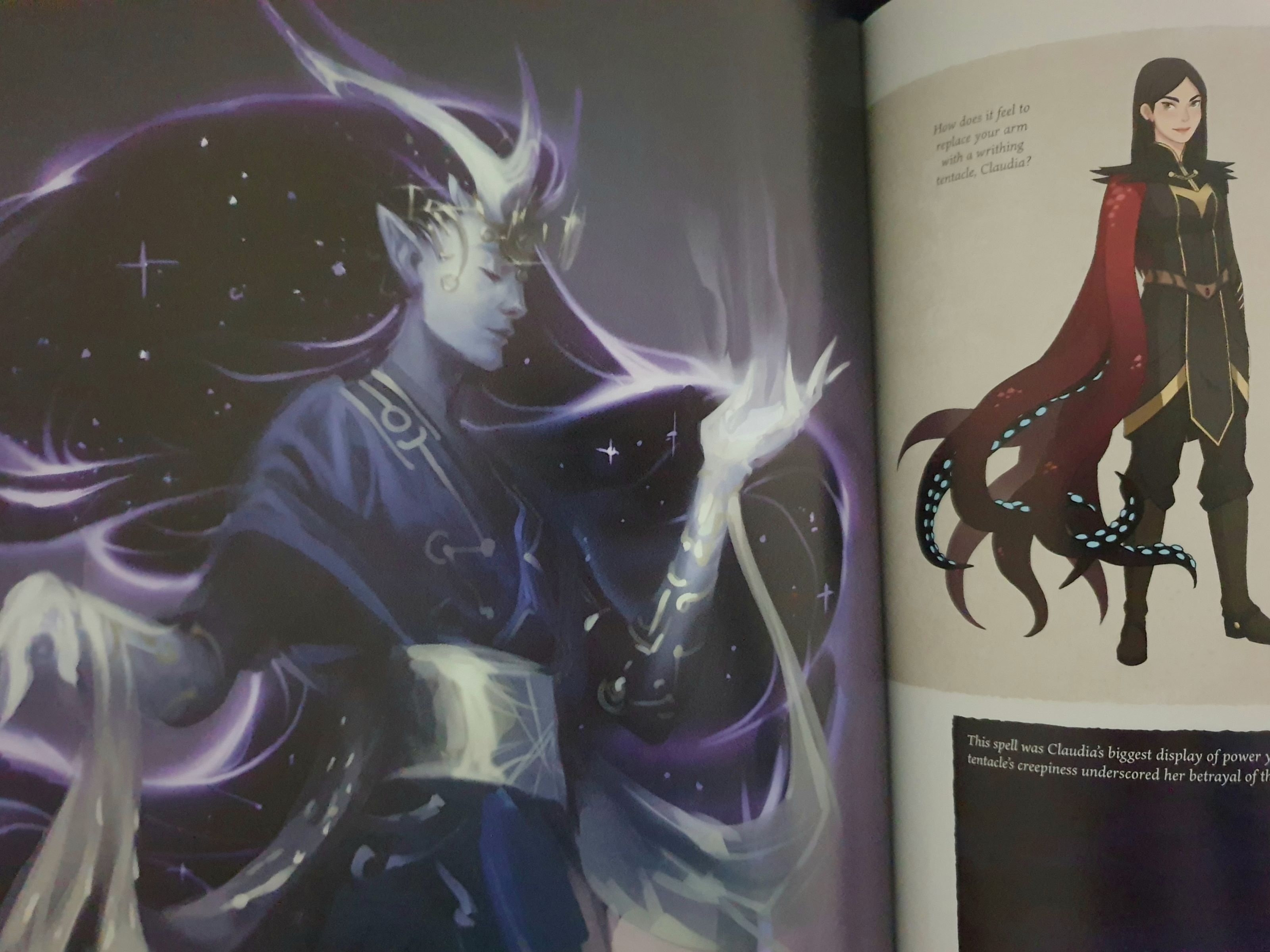 Seitenauszug aus "The Art of The Dragon Prince". Zeigt einen Startouch-Elf und die Figur Claudia mit einem Tentakelmantel