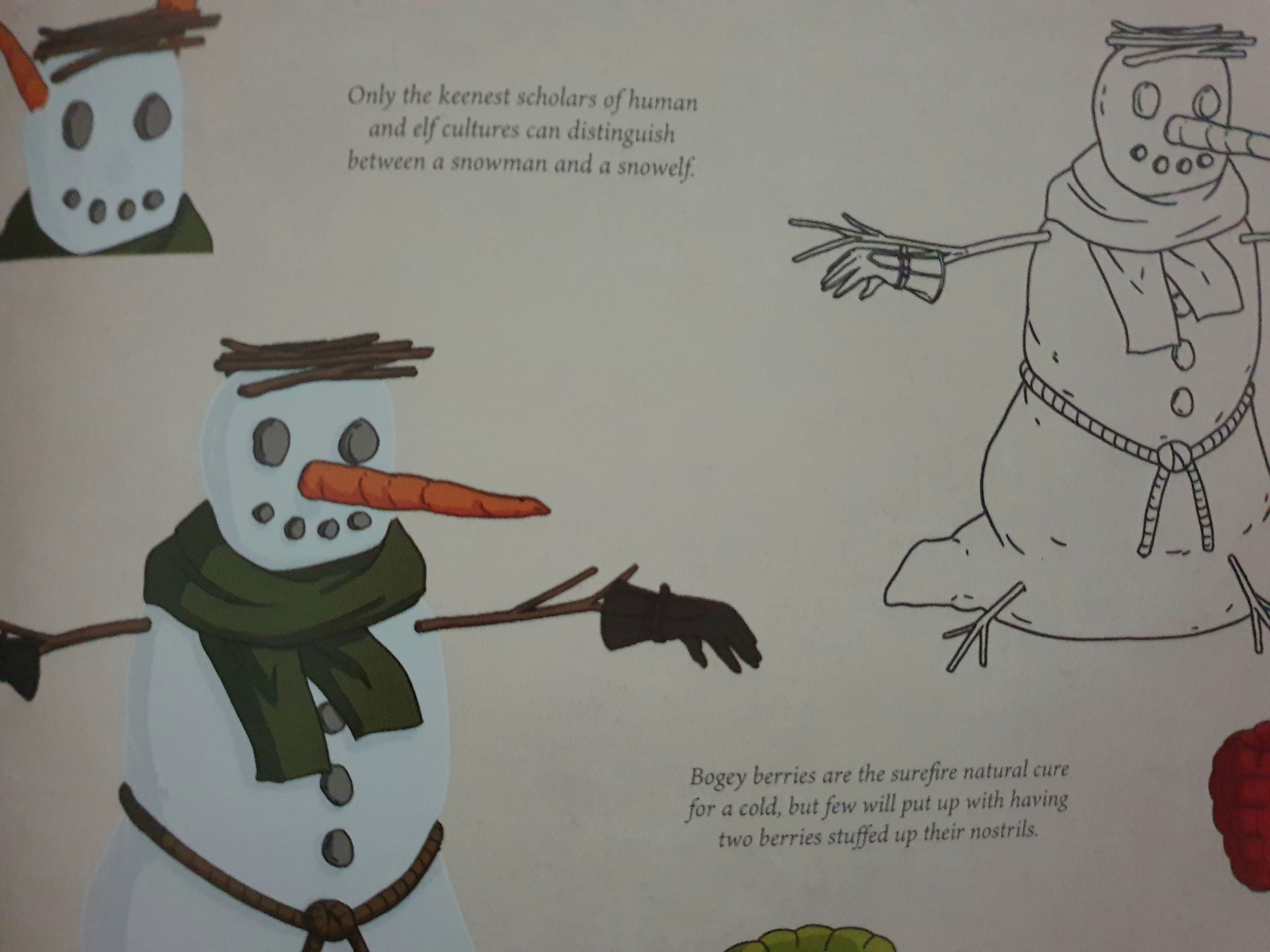 Seitenauszug aus "The Art of The Dragon Prince". Zeigt Illustrationen von Schneemännern und dazu den Text "only the keenest scholars of human and elf cultures can distinguish between a snowman an a snowelf"