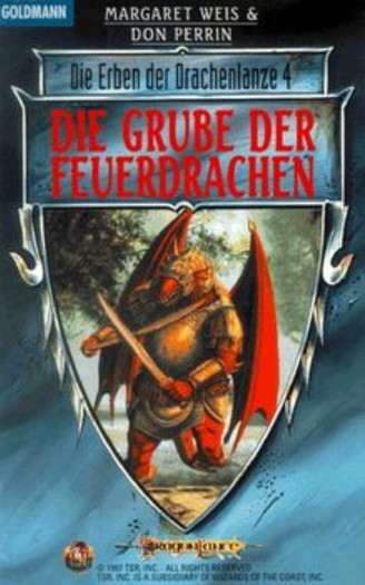 Deutsches Cover zu "Die Grube der Feuerdrachen". Zeigt einen wohl beleibten Drakonier in voller Rüstung mit roten Schwingen und zwei Schwertern.