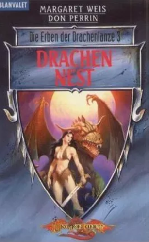 Deutsches Cover zu "Drachennest". Zeigt grünen Drachen mit leicht bekleideter schwarzhaariger Kriegerin.