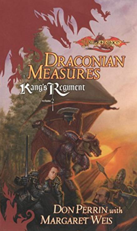 "Draconian Measures"-Cover. Zeigt einen Drakonier und eine weiße Ritterin mit roten Haaren und schwarzer Rüstung in Kampf gegen Menschen