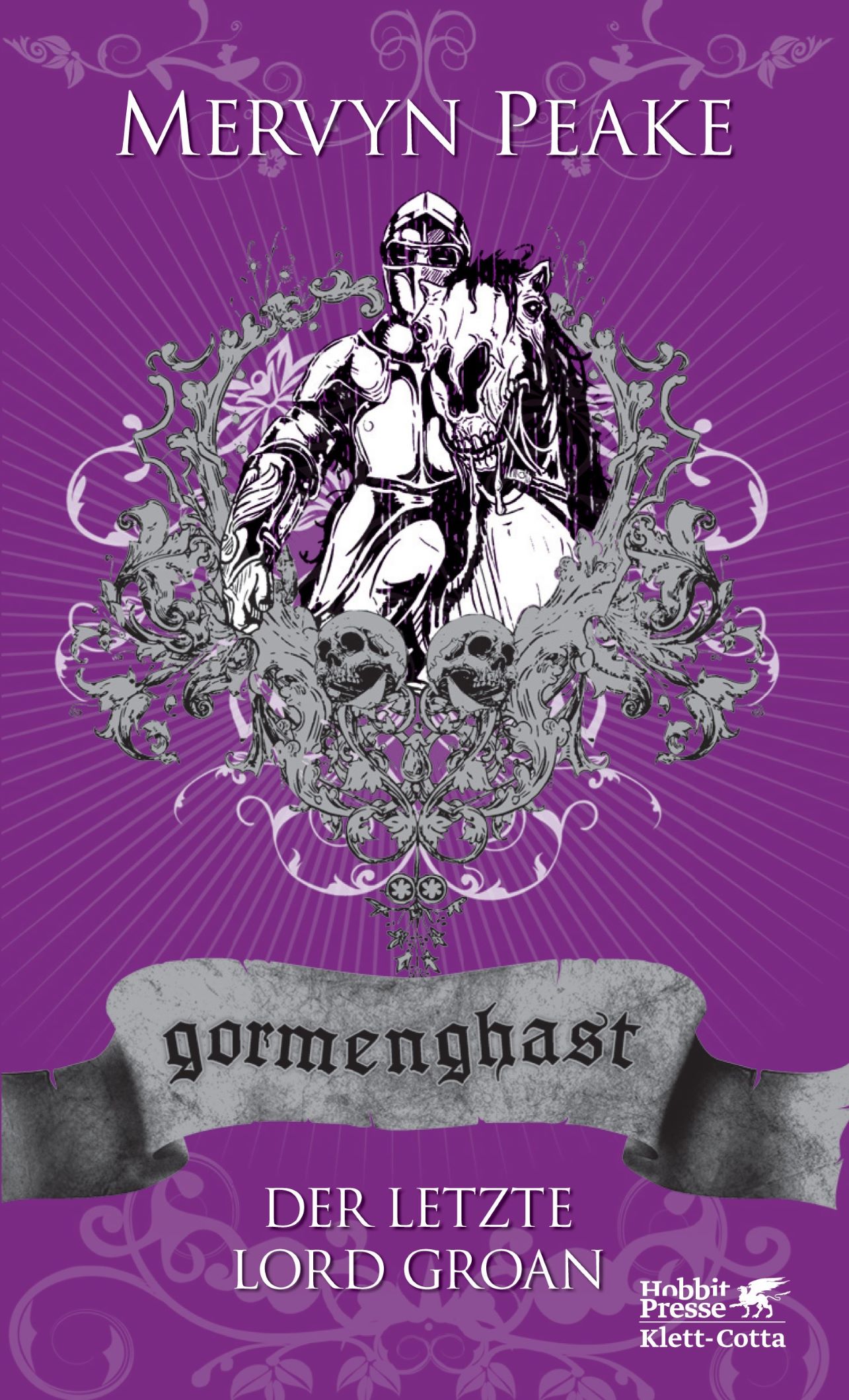 Cover zu "Gormenghast 2: Der letzte Lord Groan" von Mervyn Peake, Hobbitpresse Klett-Cotta. Lila Farbe, verschnörkelte Illustration mit Ritter auf Pferd und zwei Totenköpfen.