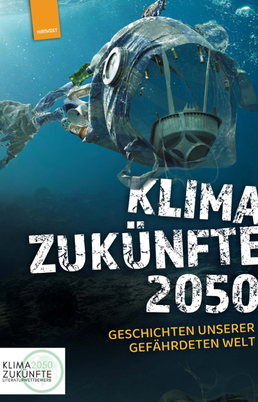 Cover zu "Klimazukünfte 2050" mit Unterwasser-Grafik und einem aus Müll bestehenden Fisch