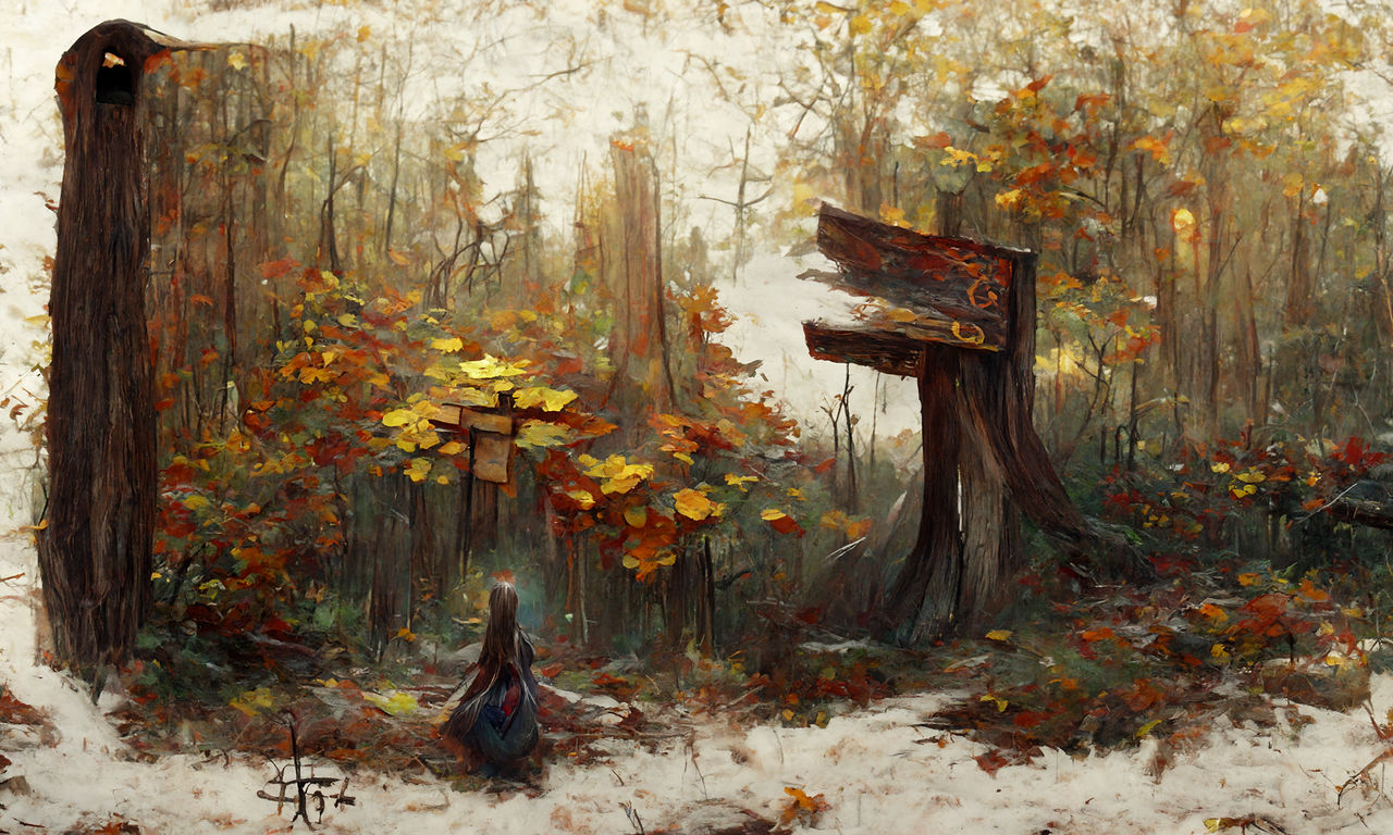 Mädchenfigur, von hinten zu sehen, in einem Herbstwald