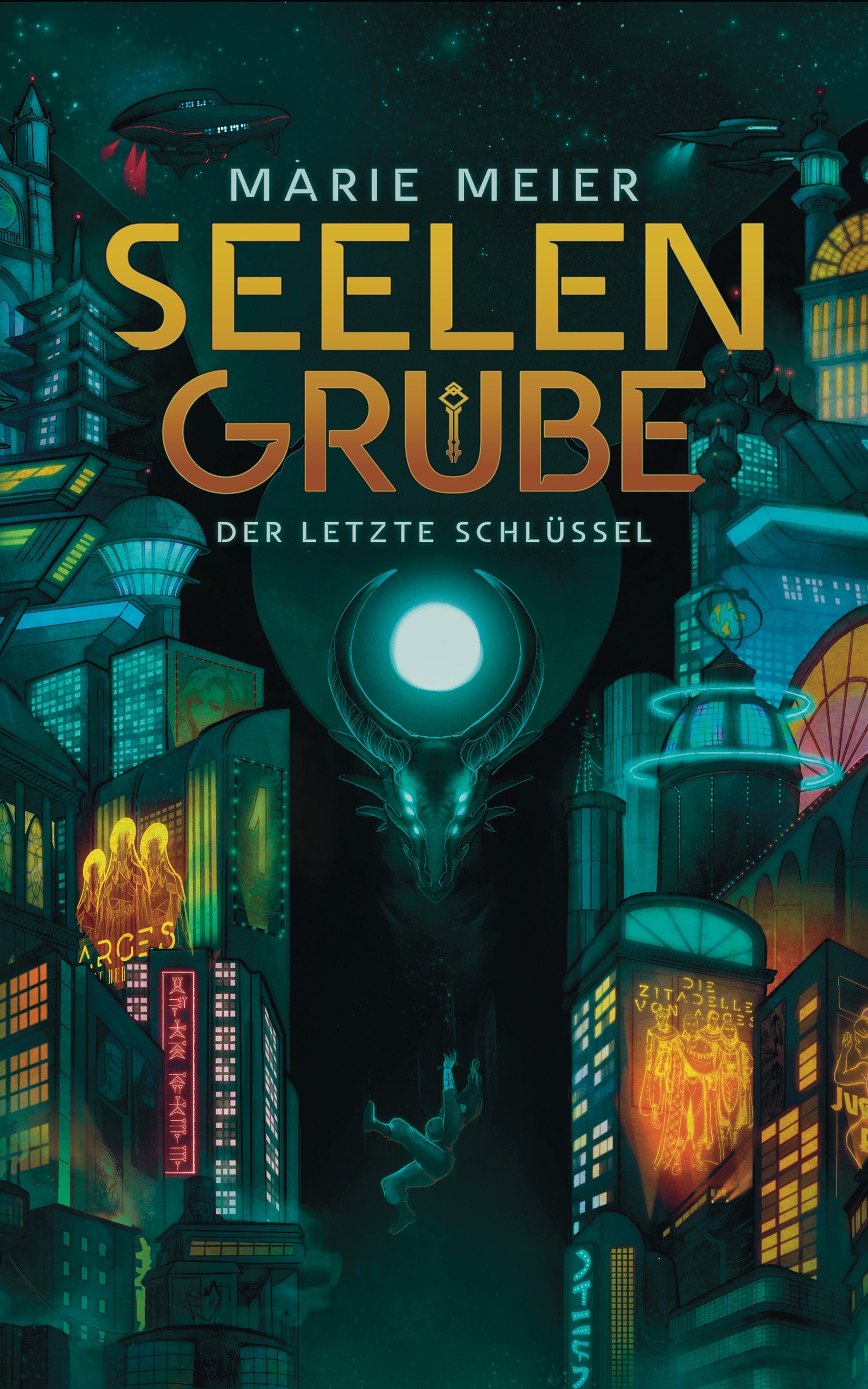 Cover zu "Der letzte Schlüssel 1:Seelengrube" von Marie Meier. Illustration von Großstadt voller Neonlichter