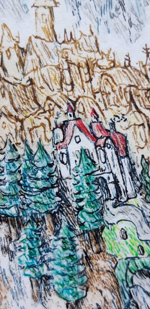 Schlossdetail aus einer bunten Zeichnung von Johannes Steiner