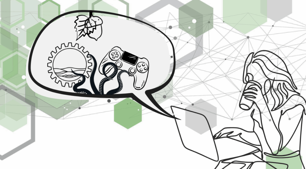 Grafik mit einer Frau, die mit einem Getränk am Laptop sitzt. In einer Sprechblase sind Herbstmotive, Tentakel, ein Joystick und ein Solarpunk-artiges Getriebe abgebildet