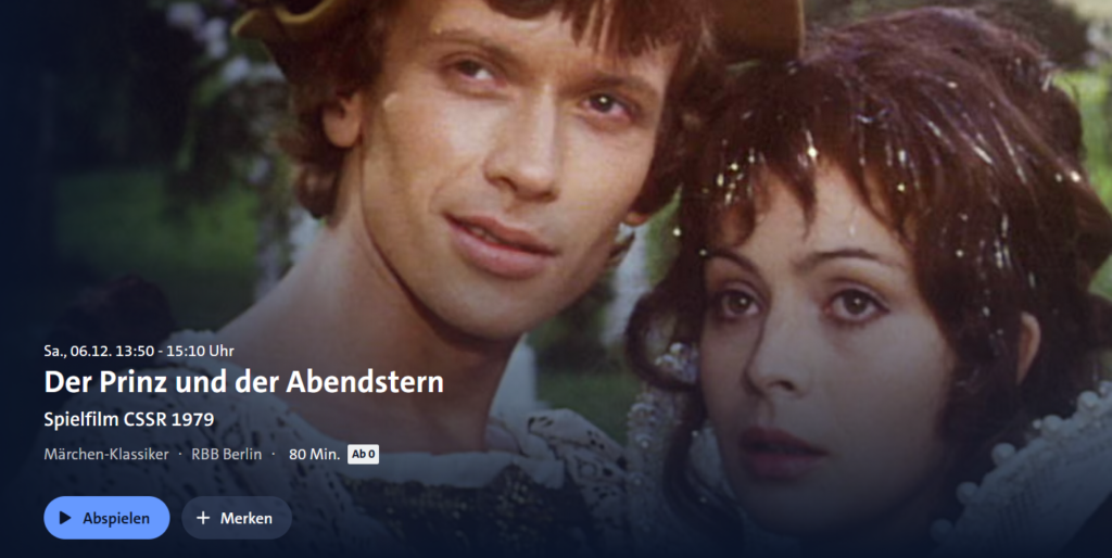 Screenshot aus der ARD-Mediathek mit dem Stream zu "Der Prinz und der Abendstern". Im Vorschaubild grinst der Prinz verschmitzt und Abendstern, eine Frau mit dunklen Locken, guckt besorgt.