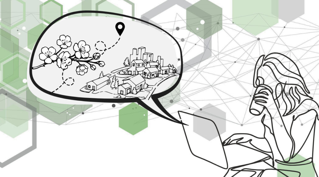 Grafik FragmentAnsichten mit angedeuteter Illustration einer Frau, die am Laptop ein Heißgetränk trinkt. In einer Sprechblase Blüten, ein Wegesymbol und eine Stadt
