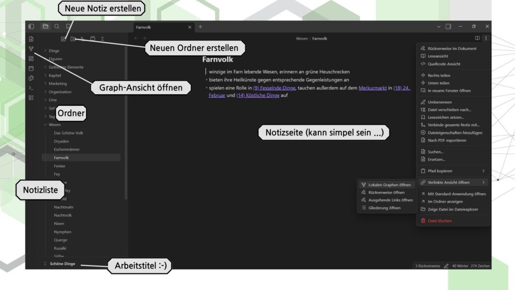 Screenshot der Benutzeroberfläche von Obsidian mit geöffneter Notizseite zu "Farnvolk" plus Menüs rechts und links. Auf der rechten Seite liegen die Bearbeitungsmöglichkeiten der Notiz, z. B. "Quellcode-Ansicht", "Nach PDF exportieren" oder "Verlinkte Ansicht öffnen". Links findet sich die Übersicht an Ordnern und Notizen mit der Möglichkeit, neue Notizen etc. zu erstellen