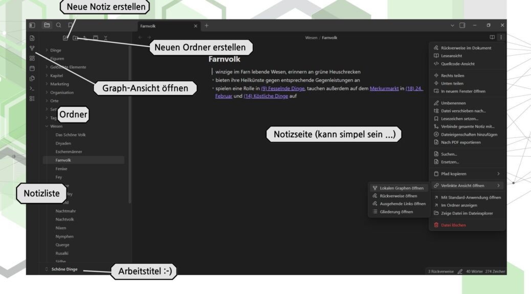Screenshot der Benutzeroberfläche von Obsidian mit geöffneter Notizseite zu "Farnvolk" plus Menüs rechts und links. Auf der rechten Seite liegen die Bearbeitungsmöglichkeiten der Notiz, z. B. "Quellcode-Ansicht", "Nach PDF exportieren" oder "Verlinkte Ansicht öffnen". Links findet sich die Übersicht an Ordnern und Notizen mit der Möglichkeit, neue Notizen etc. zu erstellen